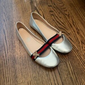 Gucci Silver Flats with Red and Black Accents